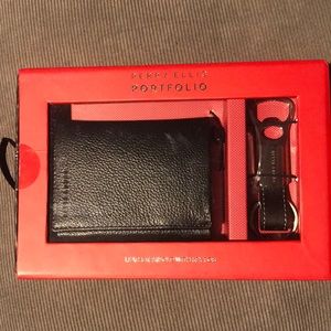 Leather trifold wallet with matching keychain